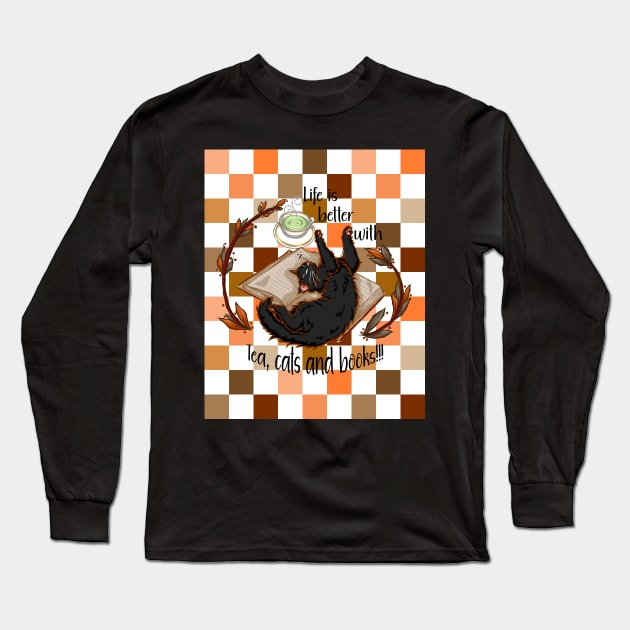 Life is better with tea, cats and books - Black cat checkers Long Sleeve T-Shirt by Artimas Studio